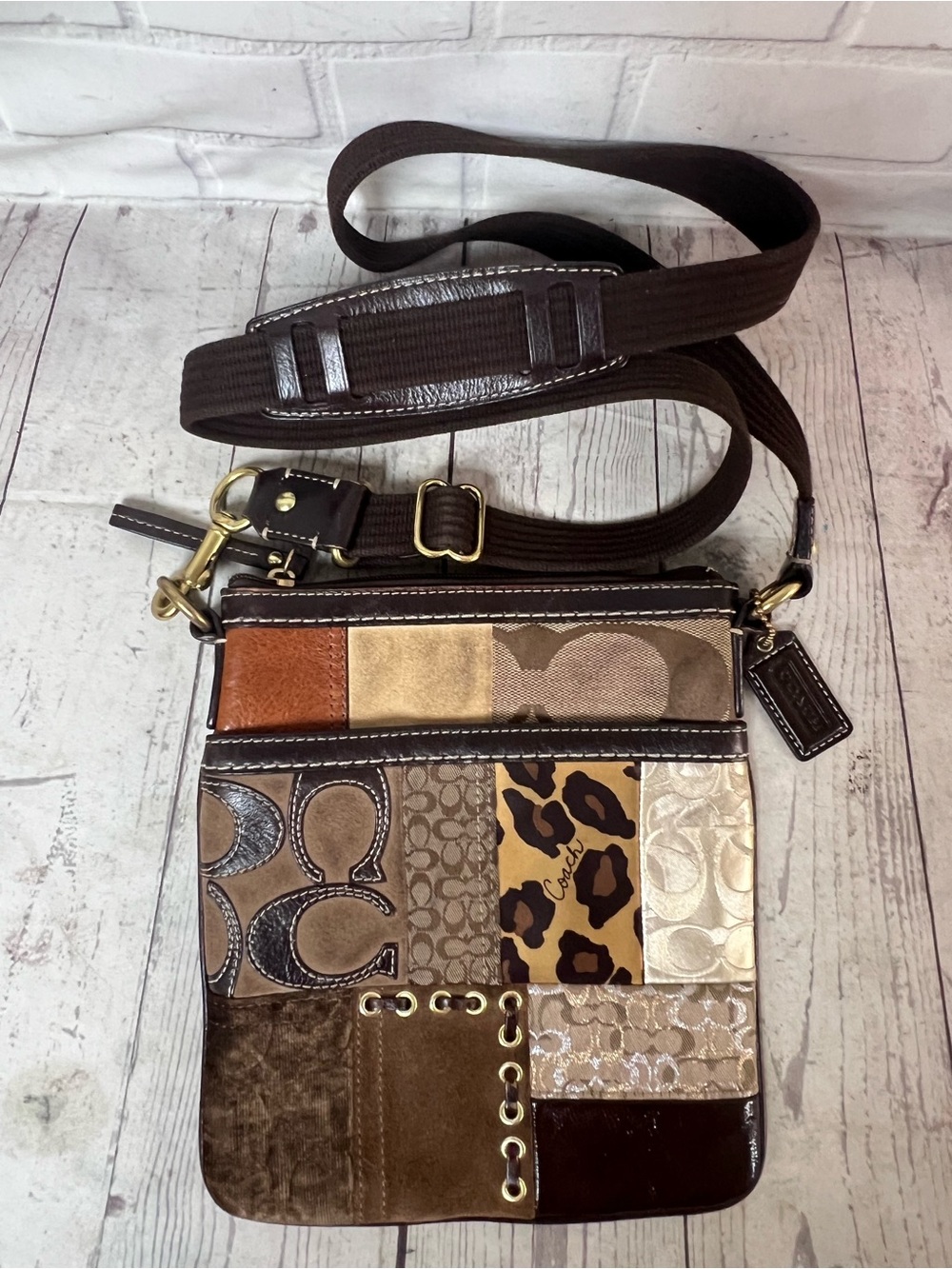 Coach Patchwork Vintage Crossbody Bag Purse Brown Signature Canvas Leather Y2K